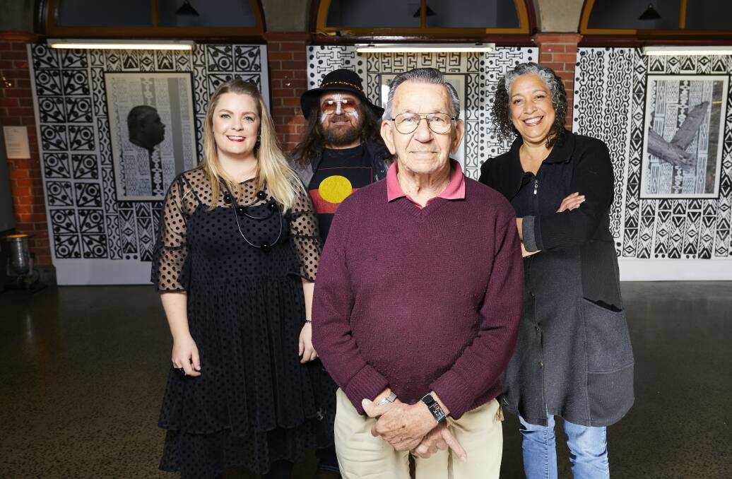 TELL: Curator Jessica Clark, performer Barry Gilson, Pitcha Makin' Fella Ted Lexton and Ilbijerri Theatre artistic director Rachel Maza at the exhibition opening. 