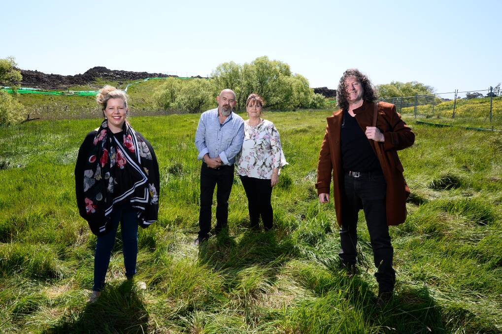 MEMORIAL: Ballarat artist Garry Anderson (right) will design the regional workers memorial which will be built near the site where workers Jack Brownlee and Charlie Howkins were killed in a trench collapse in 2018. He was joined by Charlie's wife Lana Cormie (left) and Jack's parents Janine and Dave Brownlee (middle) at the site in October. Picture: Adam Trafford