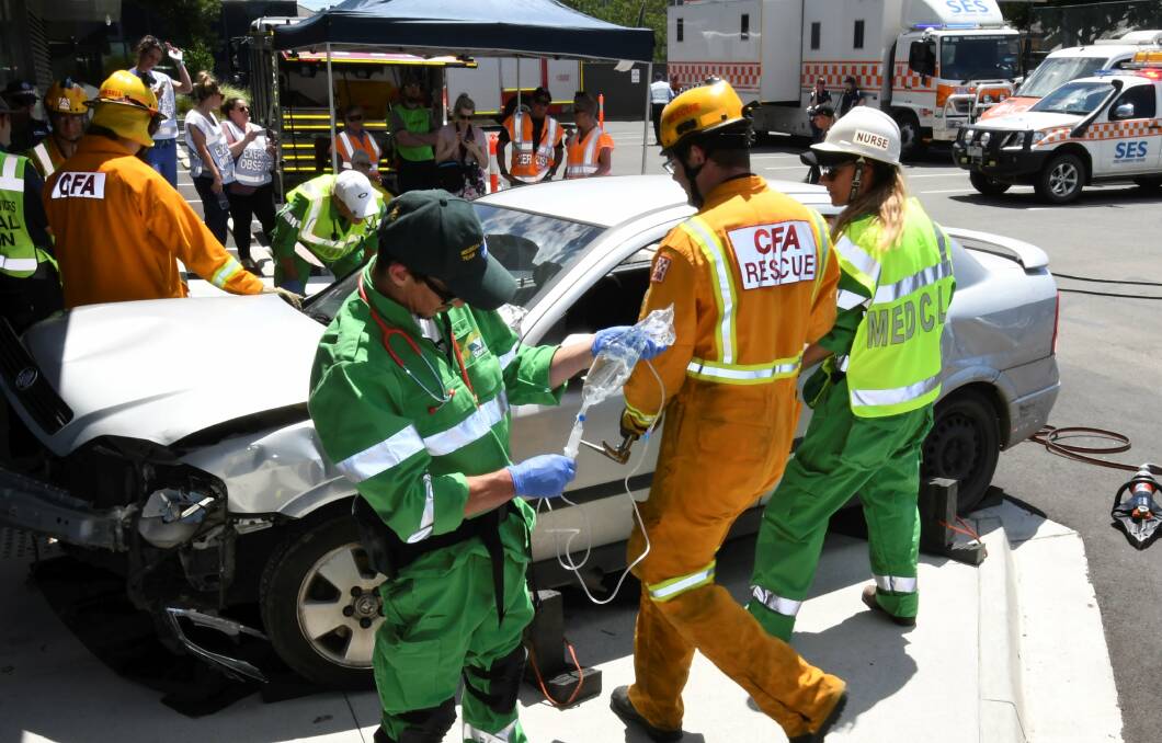CRASH: Australian Catholic University paramedicine students collaborate with local CFA rescue and other emergency services during a major disaster exercise.