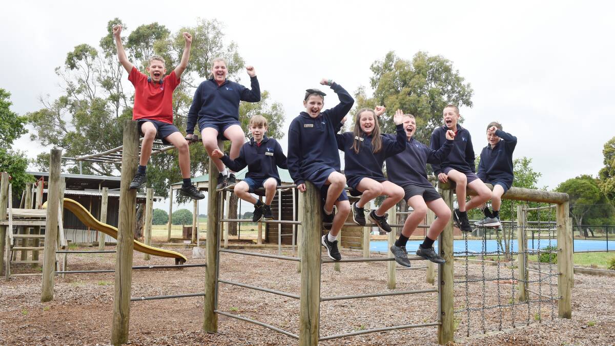 FUN: Waubra Primary School's year six students Flynn, Evie, Hamish, Ellie, Holly, Toby, Ashar and Seth will enjoy a celebration day courtesy of Australian Wind Services. Picture: Kate Healy