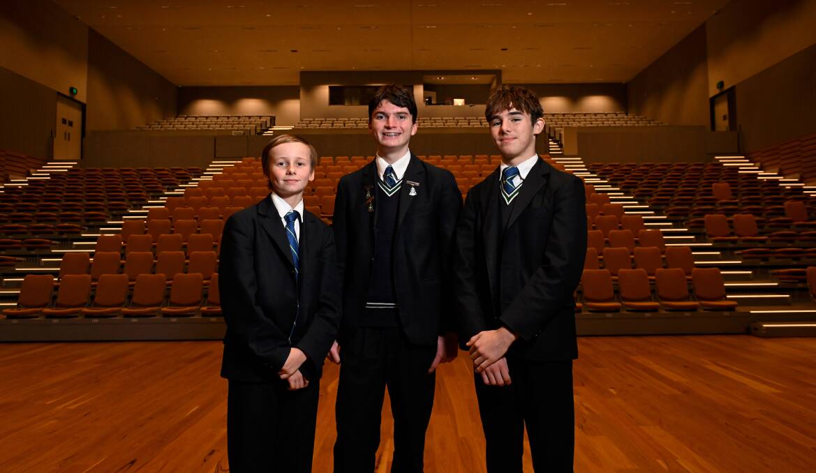 St Patrick's College students Jordan Thompson, George Rogers and Will Vanderkley inside the main theatre of the school's new performing arts centre. Picture by Adam Trafford