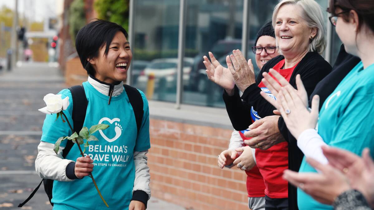 BRAVE WALK: Belinda Tey receives an ovation outside BHS on her walk from Parliament House to Western Australia last month to promote the need for for legal change in WA to allow for voluntary assisted dying. Picture: Kate Healy