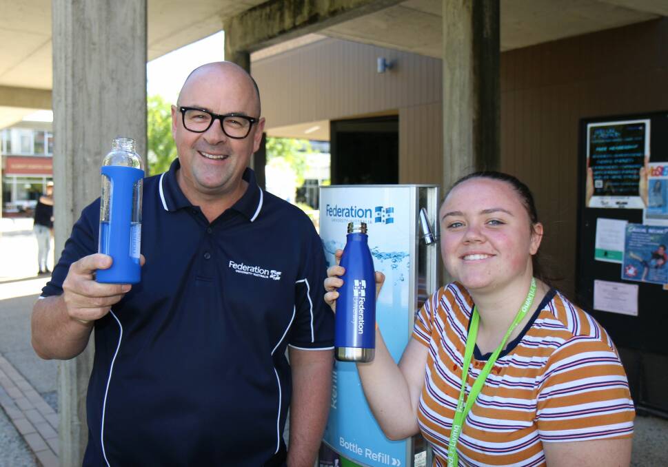 NO PLASTIC: Federation University director of campus life Colin Marshall and student Rhiannon Smith with their reusable water bottles. Picture: Matthew Freeman