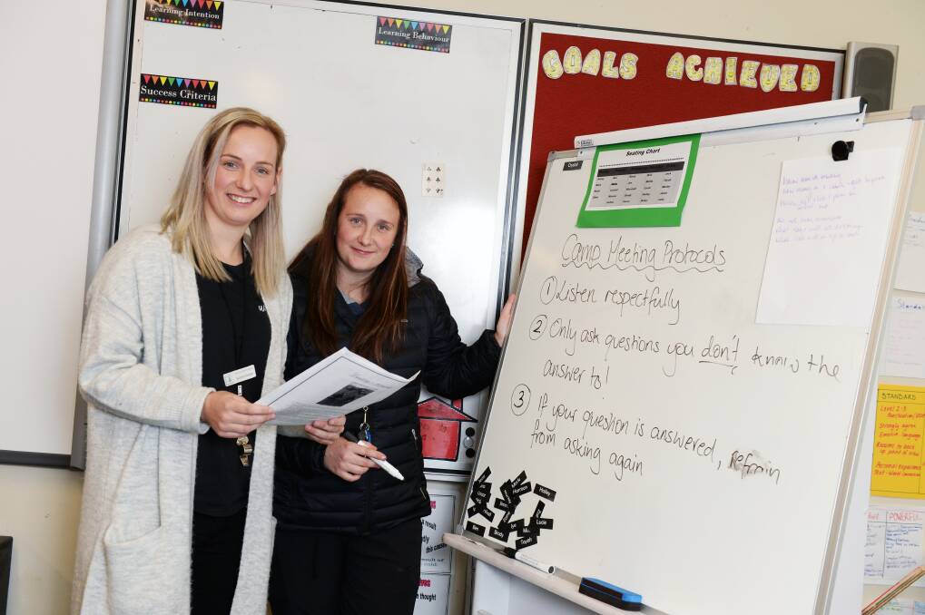 TWINS: Katelyn and Jessica Sutton in the classroom at Creswick Primary School. Picture: Kate Healy
