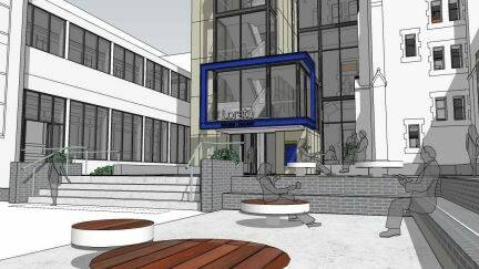 Artist impression of the new glass-walled lift and stairwell addition at Loreto College which includes works to an adjacent quadrangle to create play and outdoor learning space.