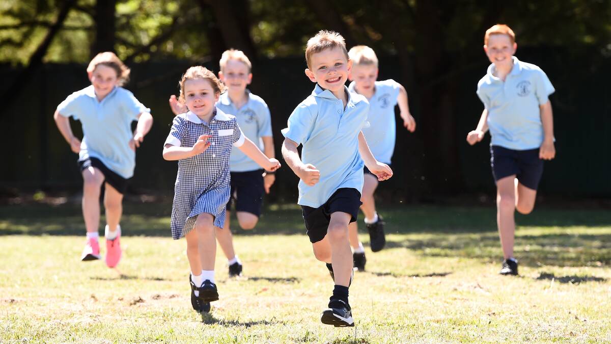 STARTERS: Bungaree Primary foundation students Chloe and Mitchy run ahead of their older school mates Jessica (year two), Zac (year four), Riley (year five), and James (year four). Picture: Adam Trafford