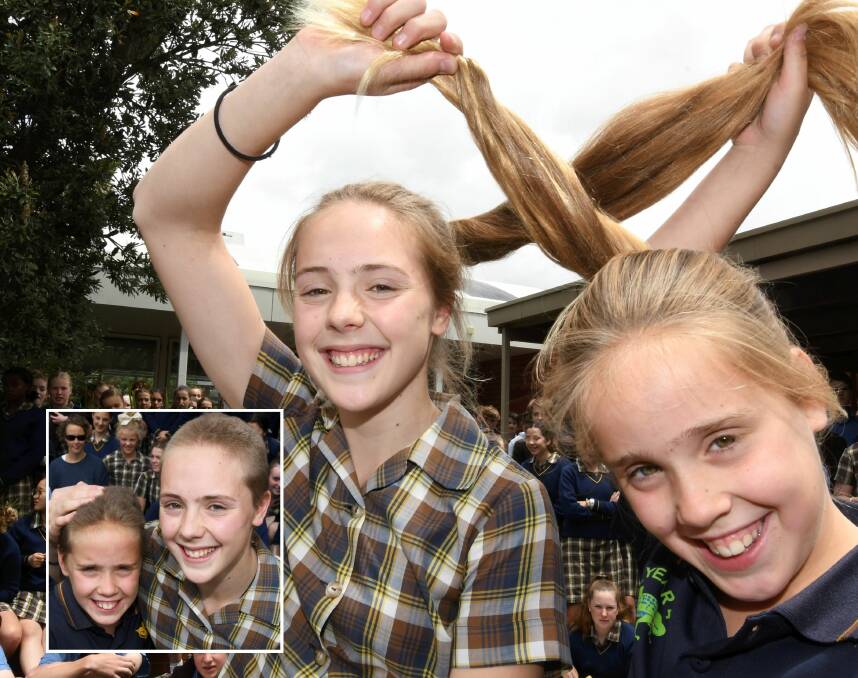 CLOSE SHAVE: Sisters Aeron and Mason Johns show off their hair before and (inset) after taking part in the World Greatest Shave at Ballarat Grammar. Pictures: Lachlan Bence
