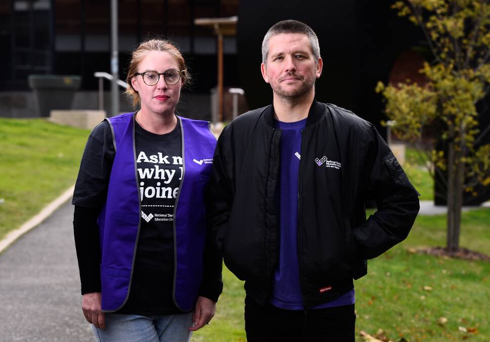 National Tertiary Education Union Federation University branch Dr Mathew Abbott and vice president academic Dr Verity Archer at a campaign for for more pay and better conditions in 2023. Picture by Adam Trafford