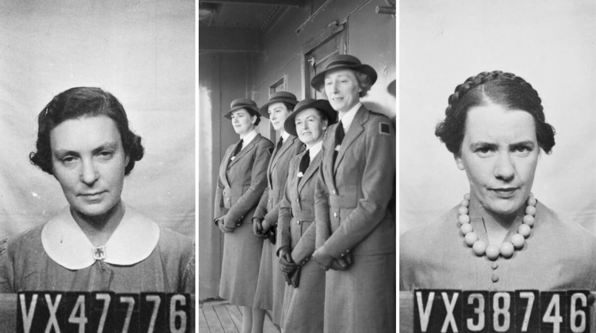 REMEMBERED: Paybook photographs taken on enlistment of Clarice Isobel Halligan, left, and Mary Cuthbertson, right, and centre, the women and fellow nurses on the ship Malaya 3 in 1941. Pictures: Australian War Memorial images P02783.016, 8557, P02783.014