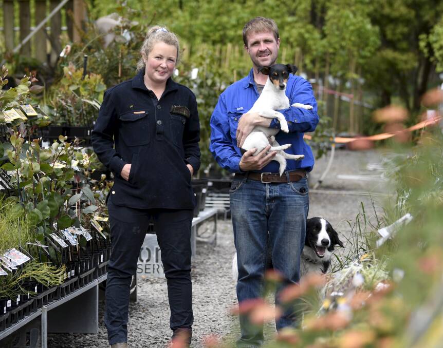 SELLING UP: Avalon Nursery owners Joanna Williams and David Winters, with dogs Earl and Woody, are moving to Warrnambool and building a new wholesale business South West Advanced Trees. Picture: Lachlan Bence