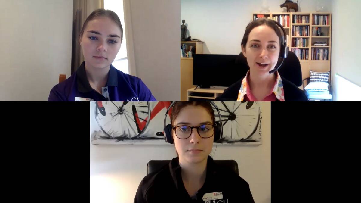 ONLINE: ACU occupational therapy student Chelsea OToole (top left), Shine Centre occupational therapist Dominque Hewat (top right), and ACU OT student Ruby Young (bottom) discuss cases during an online session. Picture; supplied