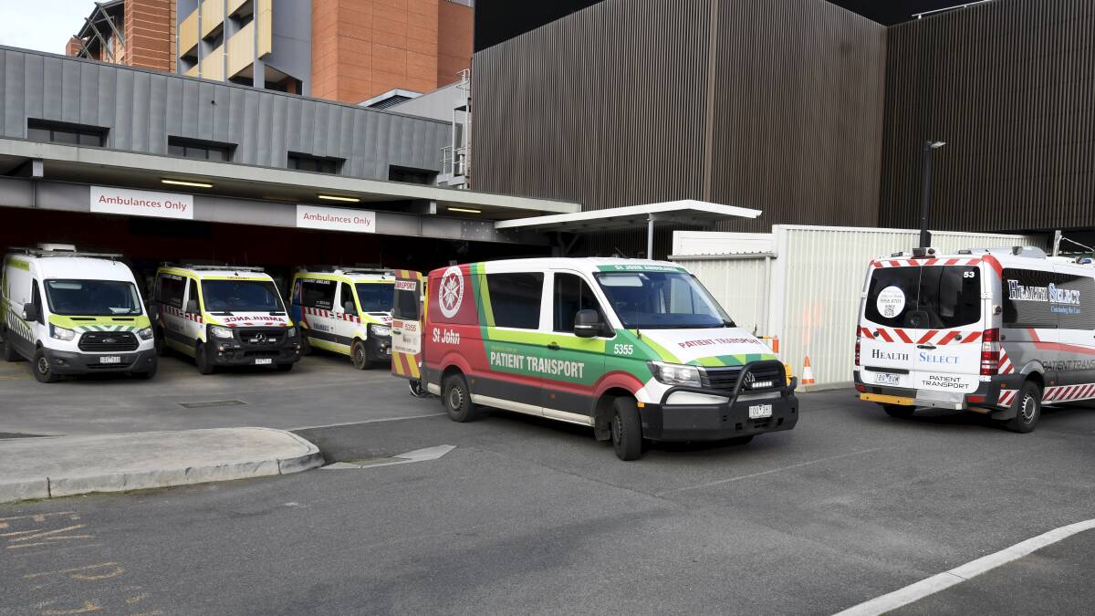 Ambulances at Grampians Health - Ballarat Base Hospital on Monday afternoon when the emergency department warned of long delays for treatment because of high demand.