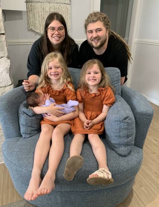 HOME: Rebecca and Aaron Zadow with daughters Payton, 7, Elodie, 5, and newborn Oaklee when Mr Zadow had a day discharge from hospital to bring Oaklee home. Picture: supplied