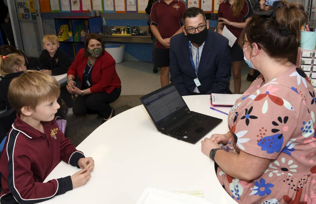 CLASSROOM: Premier Daniel Andrews drops in to a prep classroom at Delacombe Primary with Wendouree MP Juliana Addison for a chat with teacher Bianca McDonald and pupil Cody. Picture: Lachlan Bence