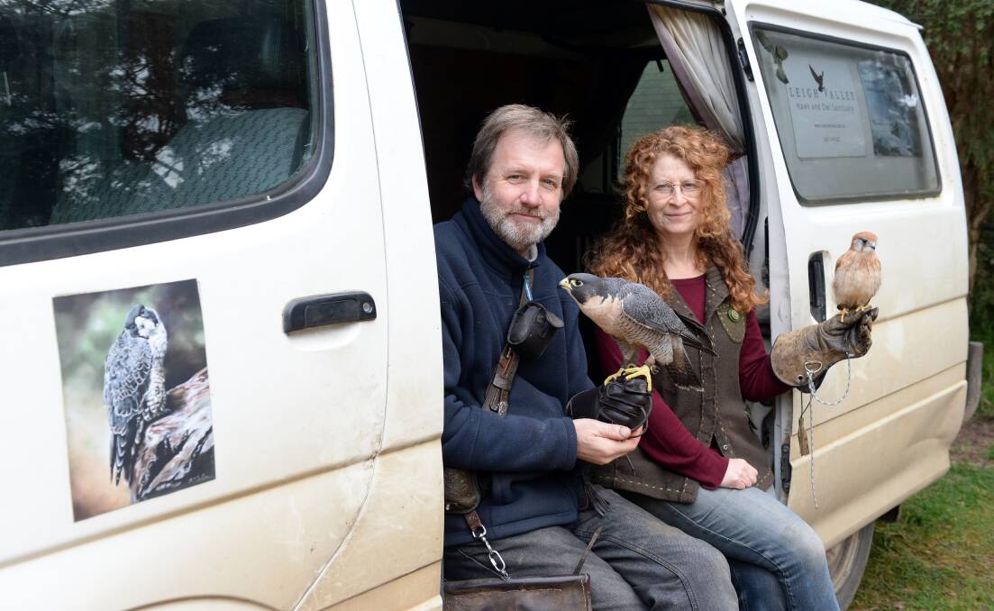 BIRD APPEAL: Martin Scuffins holding peregrine falcon Asterix and Talia Barrett holding Nankeen Kestrel Jedda with the Leigh Valley Hawk and Owl Sanctuary van that needs replacing. Picture: Kate Healy
