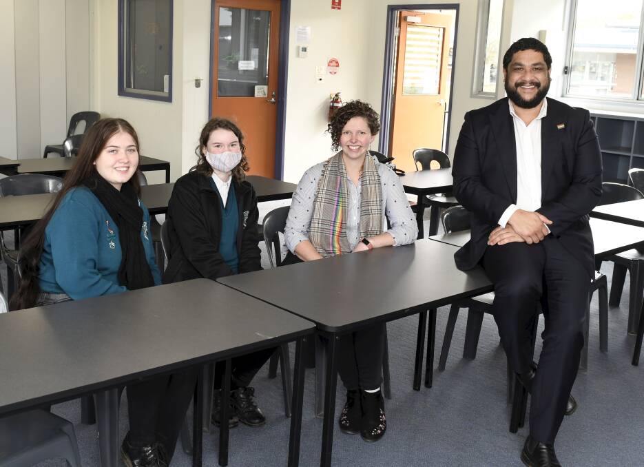 MEETING: Woodmans Hill students Tilly Burke, Ruth Carter and teacher Rachael Silverman meet with LGBTIQ+ Commissioner Todd Fernando. Picture: Lachlan Bence