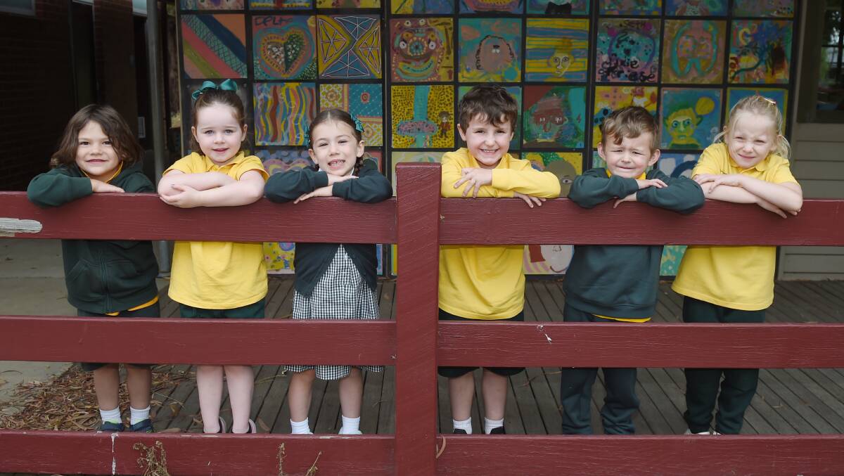 NEW BEGINNINGS: Logan, Brooklyn, Lillian, Magnus, Tyson and Scarlett on their first day at Warrenheip Primary School. Picture: Kate Healy