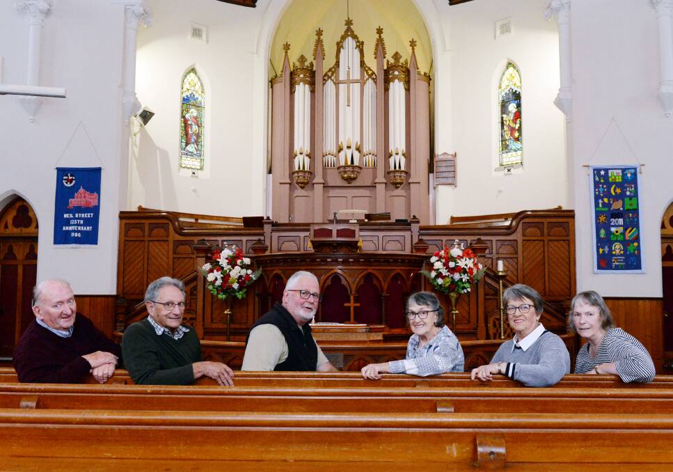 Neil St Uniting Church congregation members Barry Wilkins (worship leader), Doug McGregor, Noel Burt, Val Hardingham, Meryl Hollway and Laurenne Robertson ahead of the last service at the 162-year-old church on Sunday. Picture by Kate Healy