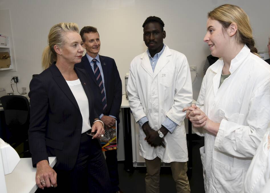 DISCUSSION: Senator Bridget McKenzie, Minister for Regionalisation, Regional Communications and Regional Education, with Federation University vice chancellor Professor Duncan Bentley, Mark Aleu and Mikaela Cole. Picture: Lachlan Bence