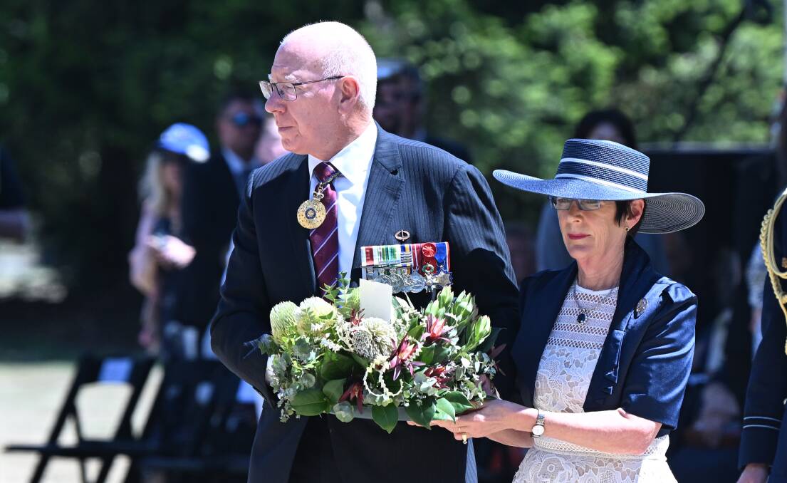 Governor General David Hurley and his wife Linda Hurley lay a wreath for the 20th anniversary of the Australian Ex-Prisoners of War Memorial in Ballarat's South Gardens on Sunday, February 11, 2024. Picture by Kate Healy.