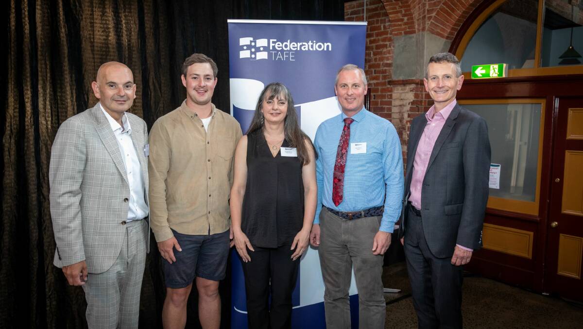 Federation TAFE chief Liam Sloan, Apprentice of the Year Aidan Murphy, EJ Tippett Award winner Barbara Muller, VET Teacher/Trainer of the Year Justin Bisson, and Federation University vice chancellor Professor Duncan Bentley. Picture supplied