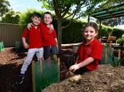 Klay, Toby and Evie in the new garden area of Buninyong Uniting Kindergarten. Picture by Adam Trafford