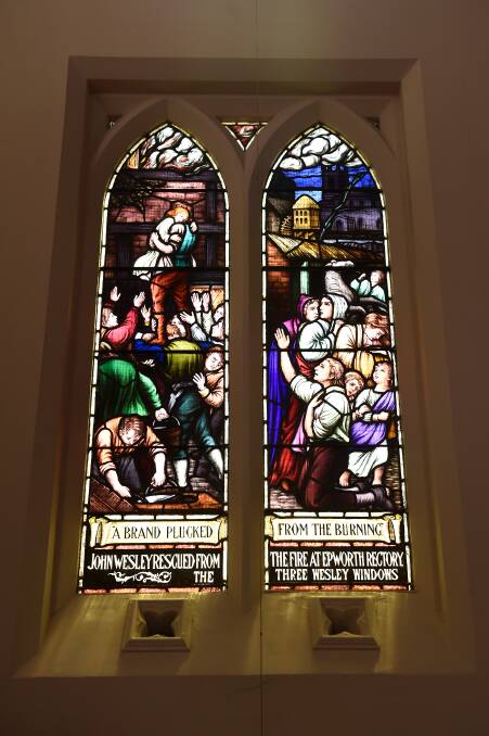Stained glass windows in the Neil Street Uniting Church. Picture by Adam Trafford