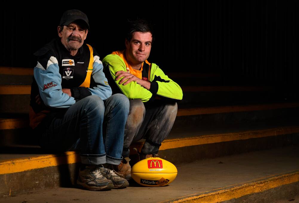 TEAM MATES: John Cook, 62, will line up beside his son Brett in the Royal Park Tigers reserves side this weekend to help make up numbers, despite suffering severe lung disease. Picture: Adam Trafford