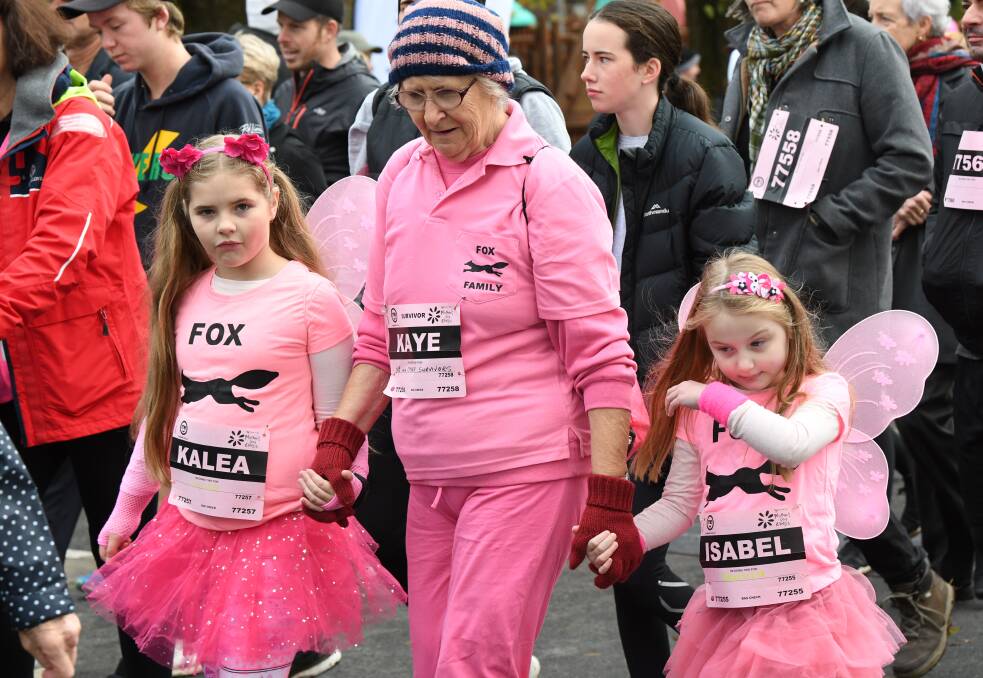 PINK: Kalea, Kaye and Isabel are pretty in pink as they pound the pavement around Lake Wendouree for the annual Mothers Day Classic. Picture: Kate Healy