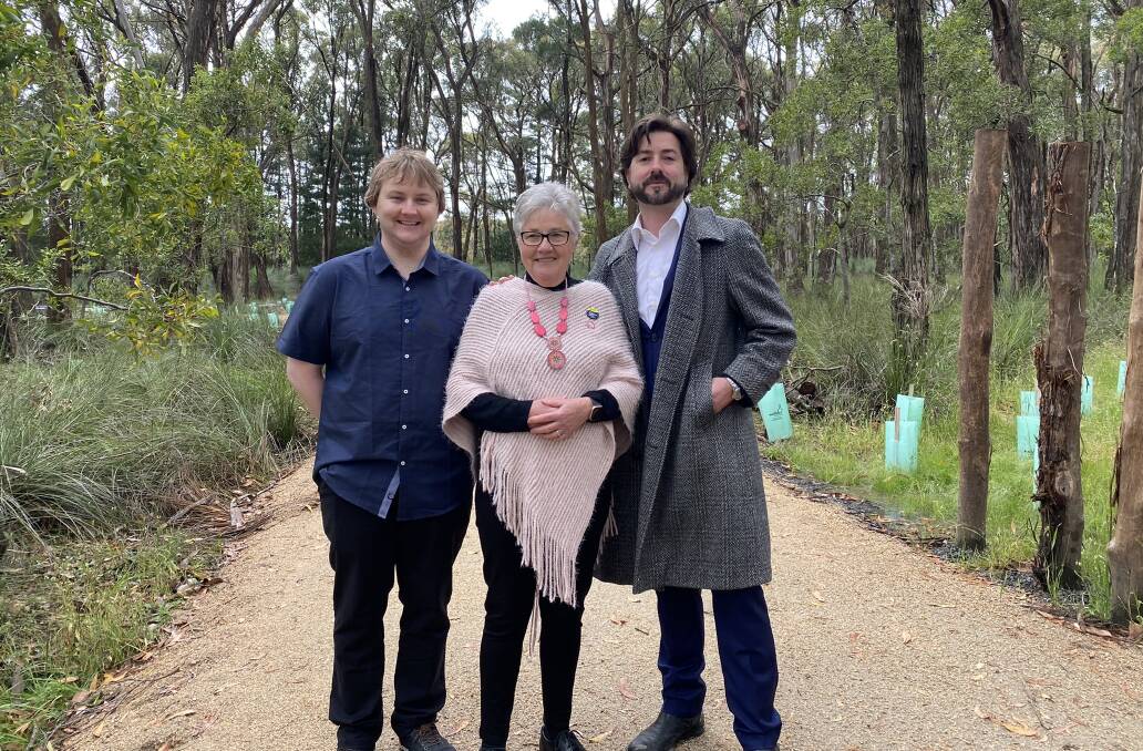 TRAIL: Federation University Bachelor of IT students Kurt Horsley and Seth Leslie with Bigger Hearts Dementia Alliance Ballarat chair Anne Tudor. Picture: supplied