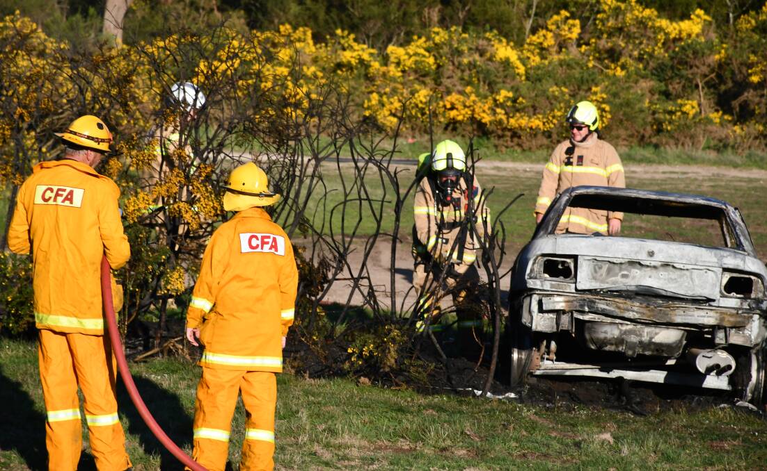 OUT: CFA crews quickly extinguished a car and scrub fire at Frenchman's Lane, Magpie late Wednesday afternoon. Picture: Alex Ford