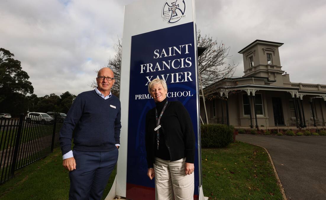 OLD AND NEW: Outgoing St Francis Xavier Primary principal Paul Bissinella with interim principal Jane Clark. Picture: Luke Hemer.