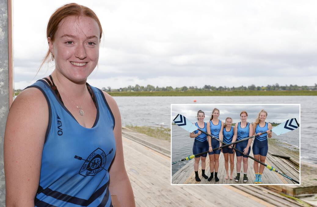 TOUGH WORK: Darcy McMickan must balance diabetes with the rigorous training program of an elite rower as she and her Ballarat High crew mates (inset Lauren Salter, Ella Lukich, Emily Glass, Darcy and Ella Glenwright) prepare for the Head of the Lake. Pictures: Kate Healy