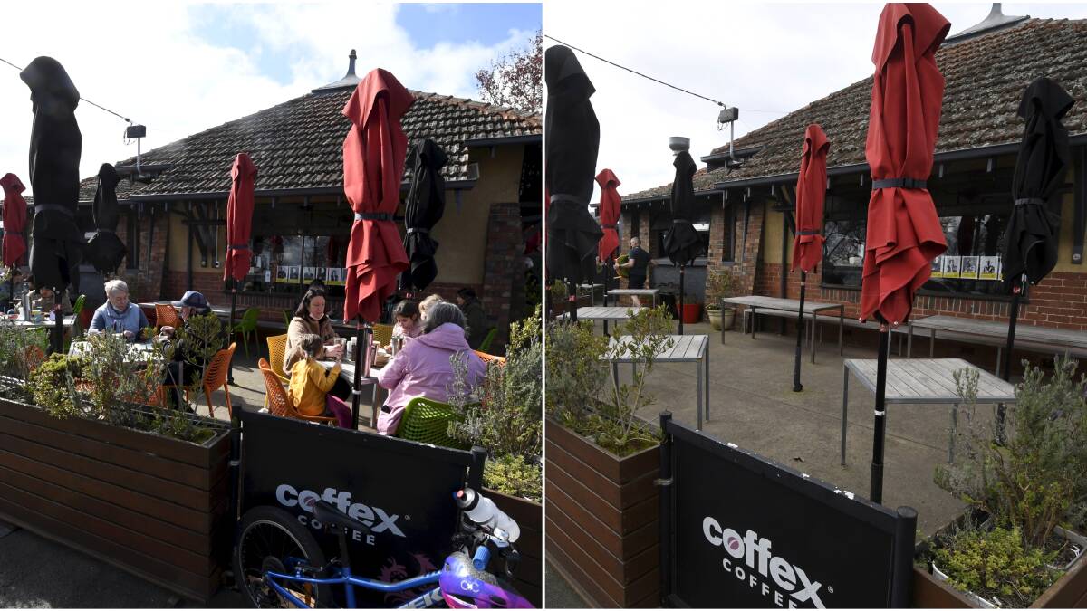 BEFORE AND AFTER: (left) Ballarat residents enjoying a last coffee or brunch at Racers at 11.15am on Saturday and (right) deserted just two hours later at 1.15pm. Pictures: Lachlan Bence