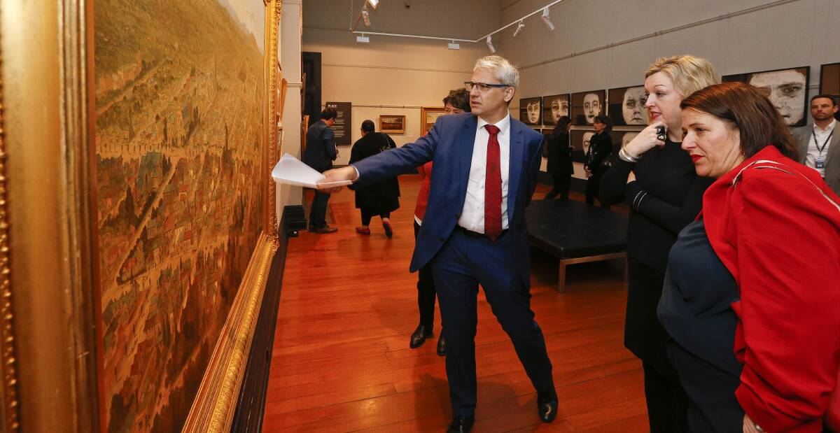 FUNDS: Creative Industries minister Danny Pearson tours the Art Gallery of Ballarat with Louise Tegart and Juliana Addison. Picture: Luke Hemer