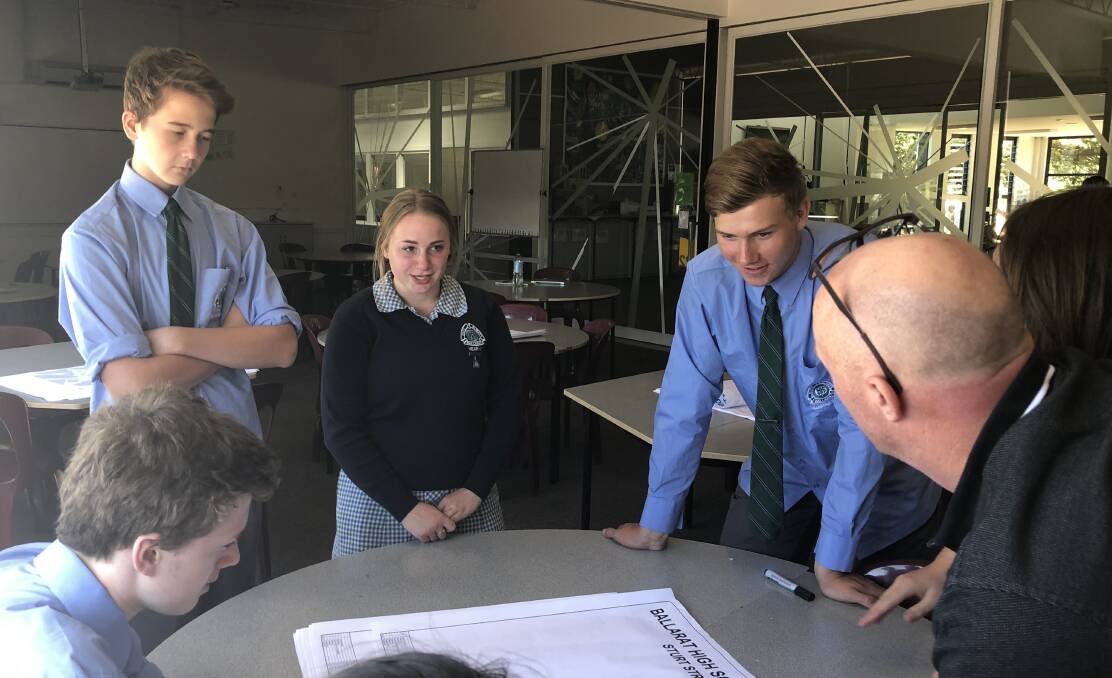 PLANS: Ballarat High School students and SJ Weir construction staff go over plans for the school's new senior learning centre.
