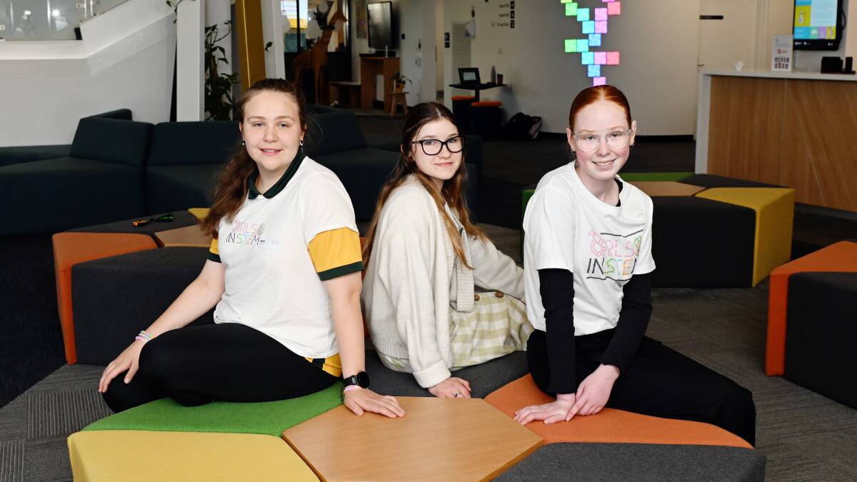 Girls in STEM mentors Kira Barbary, 16, Haileigh Buttigieg, 16, and Hayley Oldaker, 15, have helped younger students taking part in the program this year after successfully completing it themselves in 2022. Picture by Kate Healy