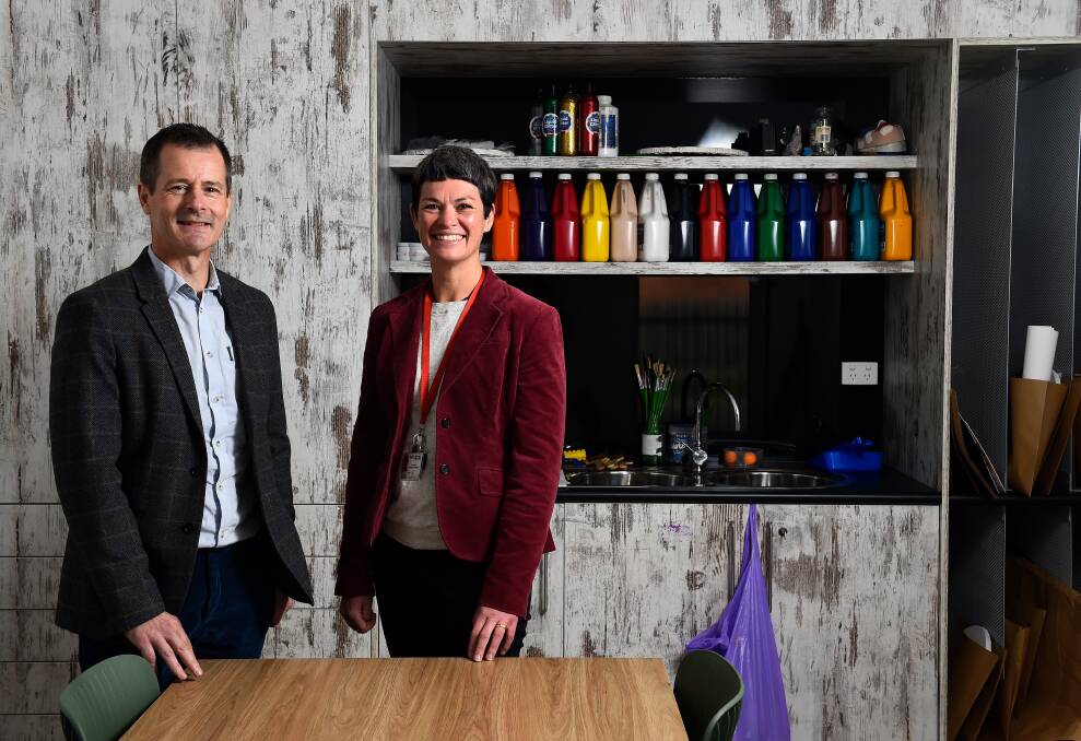 NEW SPACE: Windana's Mark Klose and Ballarat service manager Carly Johnson in the new art therapy studio of the Grampians Therapeutic Community. Picture: Adam Trafford