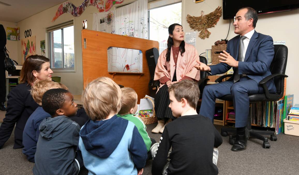 LANGUAGE: Education minister James Merlino takes part in a Japanese class with teacher Yukie Speirs and children from Wendouree Children's Centre. Picture: Lachlan Bence