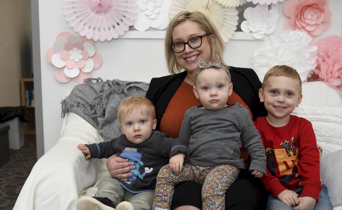 WELCOME: Any child care fee relief is good news for Jess Fullerton who spends about $36,000 a year on child care fees for twins Hugo and Matilda, 18 months, and son Archer, 3. Picture: Lachlan Bence 