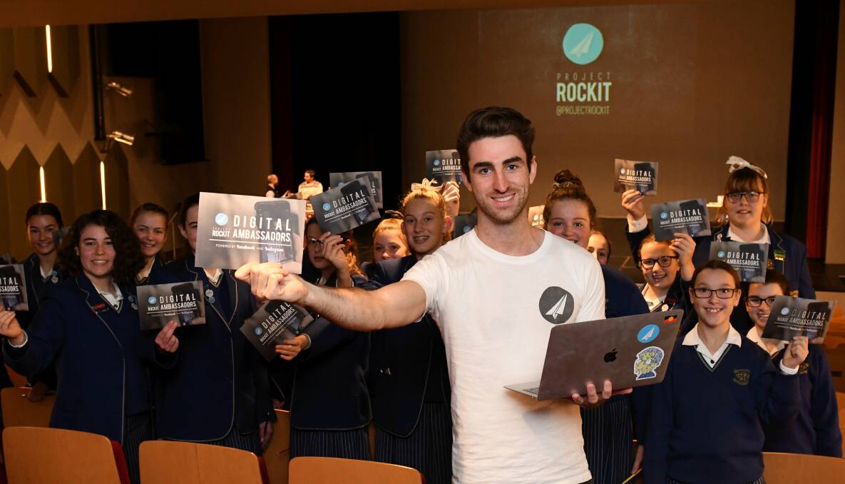 CYBER SAFETY: Project Rockit's Alex Delaney with some of the 200 students who took part in the Ballarat digital ambassador workshop at Loreto College on Tuesday. Picture: Lachlan Bence