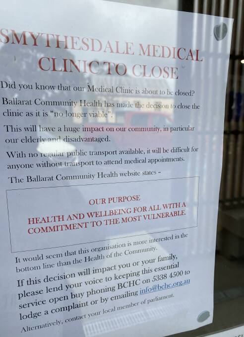 A sign on the door of a nearby business in Smythesdale alerting local residents that the medical clinic will close