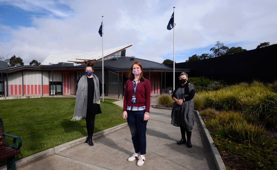 ONLINE: Art Gallery of Ballarat Education Officers Kate Gorman (left) and Pauline Doran (right) with Eureka Centre Education Officer Hermione Higgins (middle) did livestreamed lessons with Ballarat schools. Picture: Adam Trafford
