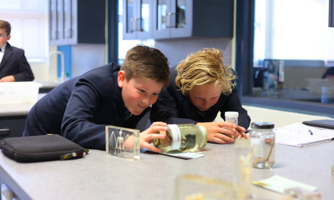 SCIENCE: Boys inspect classroom specimens during the opening of the college's new science labs.
