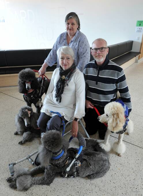 FOUR-LEGGED HELPERS: Julie Scott with Kodi, Margaret Cockram with Bobby and Katy, and Neal Salan with assistance dog in-training Freya. Picture: Lachlan Bence