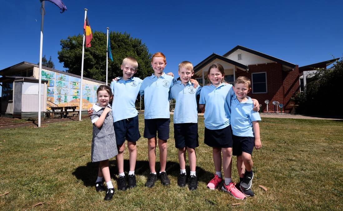 READY TO RETURN: Bungaree Primary pupils Chloe (foundation), Riley (year five), James (year four), Zac (year four), Jessica (year two) and Mitchy (foundation) can't wait to get back to school. Picture: Adam Trafford