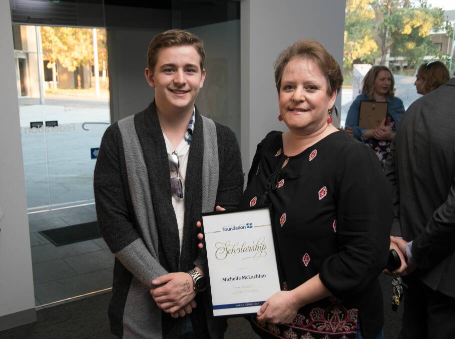 PROUD: Callum, 17, and mum Michelle McLachlan after the scholarship ceremony at Federation University this week.