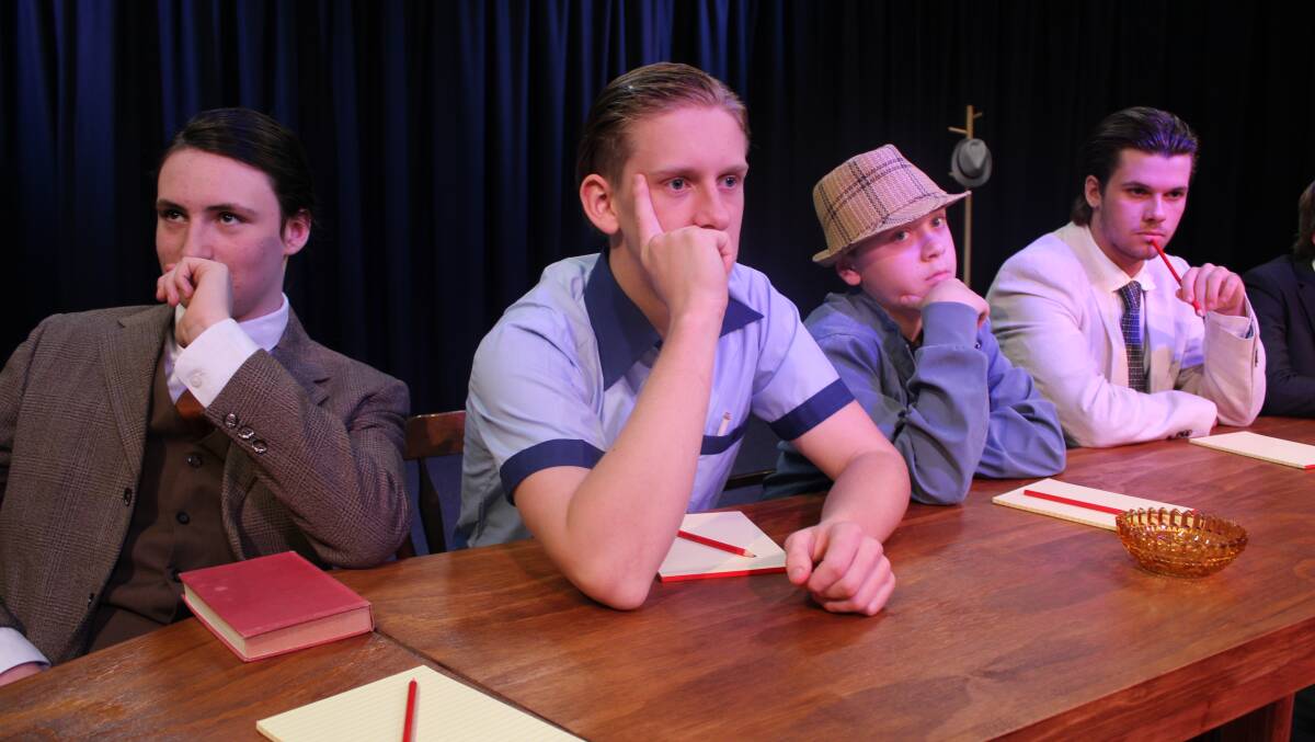 DELIBERATION: St Patrick's College students Ted Turnbull-Gent, Kadin Long, Josh Hayes and Xavier Orriss on the jury in their production of Twelve Angry Men, the first school production in front of an audience since 2018. Picture: supplied