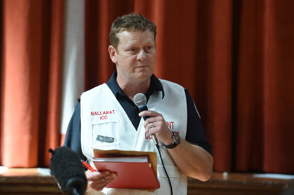 MEETING: CFA incident controller Brett Boatman addresses the community information session at Buninyong Town Hall. Picture: Kate Healy