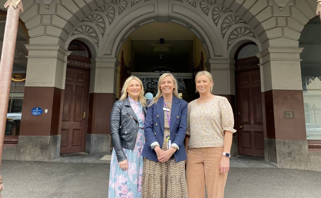 Reworn Market founders Jacqui Jarvis and Rochelle Tournier-Jarvis with Grampians Health's Kellie Pearce outside Ballarat Mining Exchange. Picture supplied
